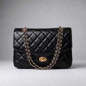 May include: A black quilted leather handbag featuring a rectangular silhouette with a diamond-stitched pattern. The bag includes a gold-tone metal turn-lock closure and a dual-strand chain strap interwoven with black leather strips for carrying.