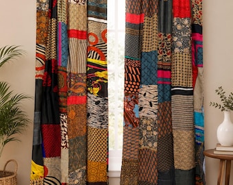 May include: A pair of floor-length curtains featuring a patchwork design composed of various fabric panels. The panels display a diverse array of colors including red, blue, yellow, black, and gold, with patterns such as floral, geometric, and animal prints.