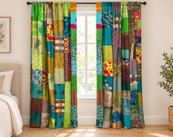 May include: Two floor-length curtains featuring a vibrant patchwork design composed of various rectangular fabric panels. The panels display a diverse array of colors including lime green, turquoise, deep red, gold, and blue, with assorted floral, geometric, and abstract patterns throughout the textile construction.