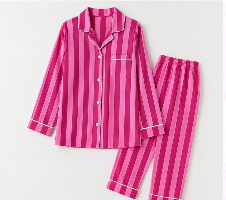 Pink Striped Cotton Pajama Set: Button-Up Shirt, Long Sleeve Night Suit, Comfy Sleepwear