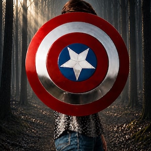 May include: A red, white, and blue shield with a central white star, reminiscent of a superhero's emblem. The shield is held in front of a person in a forest setting, creating a striking visual.