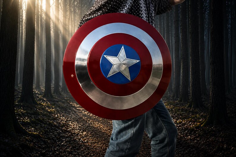 May include: A red, silver, and blue shield with a white star in the center. The shield is round with a red outer ring, a silver middle ring, and a blue center. The shield is held in front of a person in a forest.