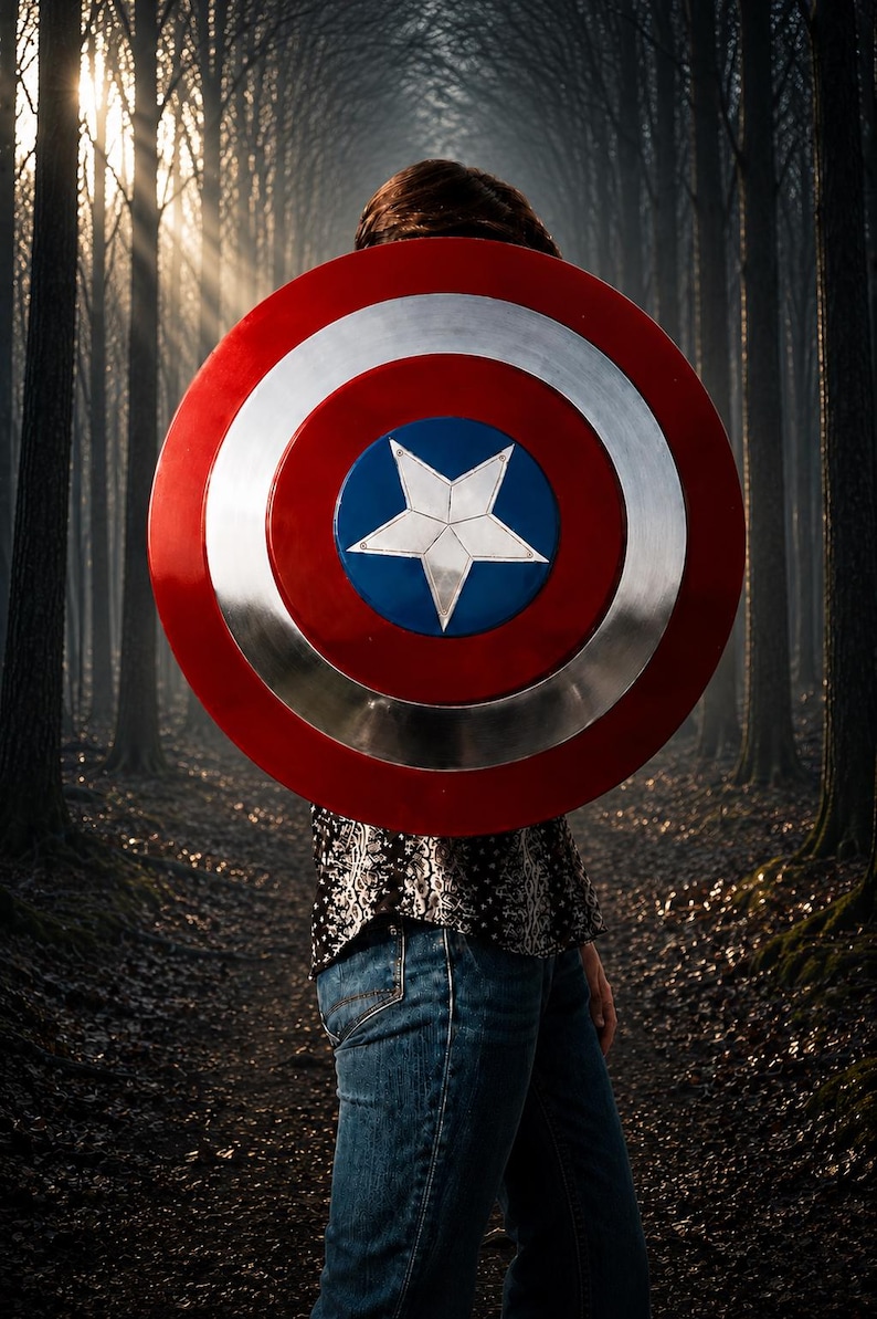 May include: A red, white, and blue shield with a central white star, reminiscent of a superhero's emblem. The shield is held in front of a person in a forest setting, creating a striking visual.