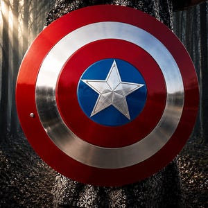 May include: A round shield with a red outer ring, a silver inner ring, and a blue center with a silver star. The shield is held in front of a dark forest background.
