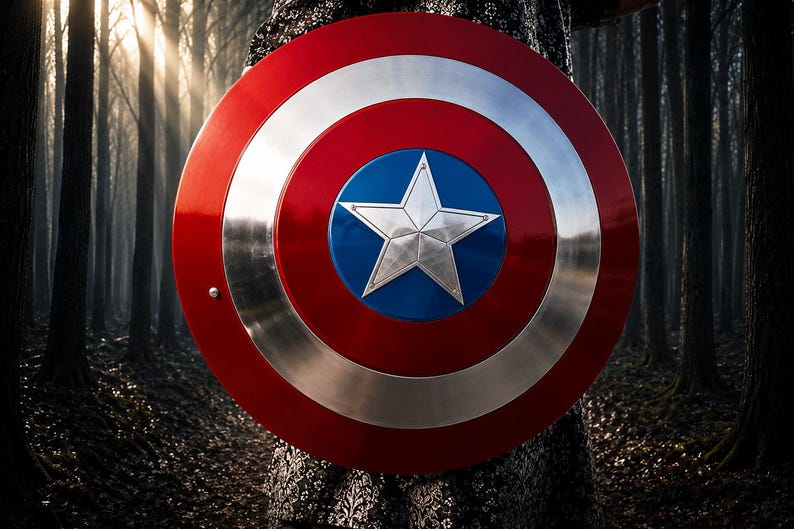 May include: A round shield with a red outer ring, a silver inner ring, and a blue center with a silver star. The shield is held in front of a dark forest background.