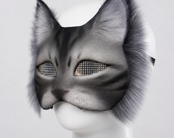 Realistische graue Katzenmaske, pelzige Ohren Cosplay, Therian Animal Halloween Kostüm Accessoire
