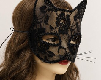 Black Lace Cat Mask, Gothic Floral Ears, Masquerade Cosplay Accessory