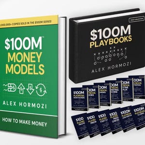 May include: A green book titled $100M Money Models by Alex Hormozi next to a black binder labeled $100M Playbooks and a collection of smaller black booklets. The green book features white icons and text, while the binder displays a white play diagram.