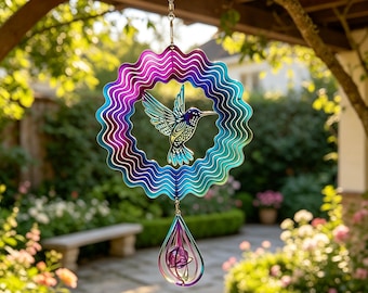 Iridescent Hummingbird Wind Spinner with Swivel Hook Rainbow Crystal Prism Hanging Outdoor Tree Decor