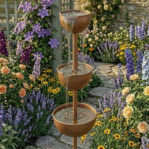 Könnte beinhalten: Ein dreistufiger Wasserbrunnen im Freien, bei dem Wasser aus jeder Schale herabfließt. Der Brunnen ist bronzefarben und von einem üppigen Garten mit bunten Blumen umgeben, darunter Rosen, Lavendel und Rittersporn. Ein Steinweg führt durch den Garten.