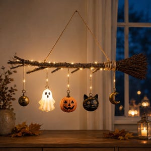 May include: A decorative wall hanging featuring a horizontal wooden branch shaped like a broomstick, wrapped in twine and illuminated by string lights. Five ornaments hang from the branch: a brass bell, a white ghost, an orange pumpkin, a black cat, and a gold crescent moon.