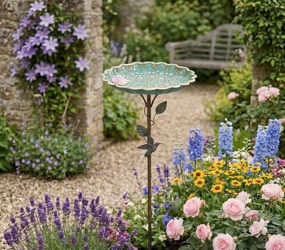 Metal Bird Bath Stake | Trough-style feeder| Outdoor Garden Patio Decor Gift