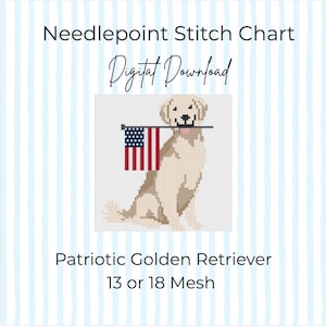 Needlepoint Golden Retriever Patriotisk Direkt Nedladdning PDF Mönster | Nybörjarvänligt | 13 eller 18 Mesh