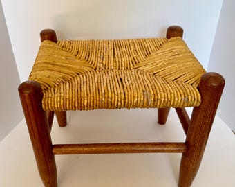 Charlotte Perriand Style Vintage Rush Stool, Woven Seat Tapered Wood Legs, Rustic Mid-Century