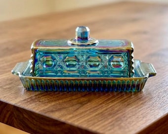 Vintage Indiana Glass Windsor Blue Carnival Covered Butter Dish - Iridescent Art Deco Style Glassware