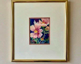 Vintage Original gerahmte Aquarellmalerei signiert vom Künstler, Pink Cosmos
