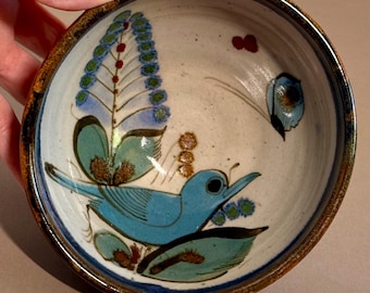 Vintage Ken Edwards Tonala Pottery Bowl – Hand Painted Blue Bird & Butterfly Folk Art – Signed El Palomar Mexico