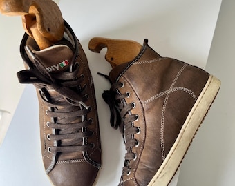 Olyfactory Vintage Collection Leather High-Top Sneakers, Made in Italy Distressed Brown Leather Boots, Size EU 38 / US Women 7.5 / US Men 5.