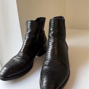 Vintage Western Chelsea Boots Size EU 38 US 7.5 | Black Python Snake Embossed Leather Cowboy Booties, Y2K Grunge Aesthetic Ankle Boots