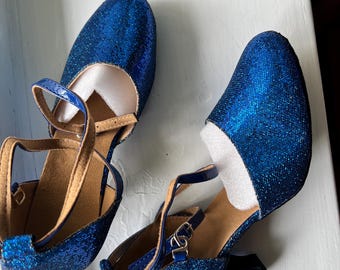 Royal Blue Glitter Ballroom Dance Shoes, Sparkly Closed-Toe Latin Salsa Heels