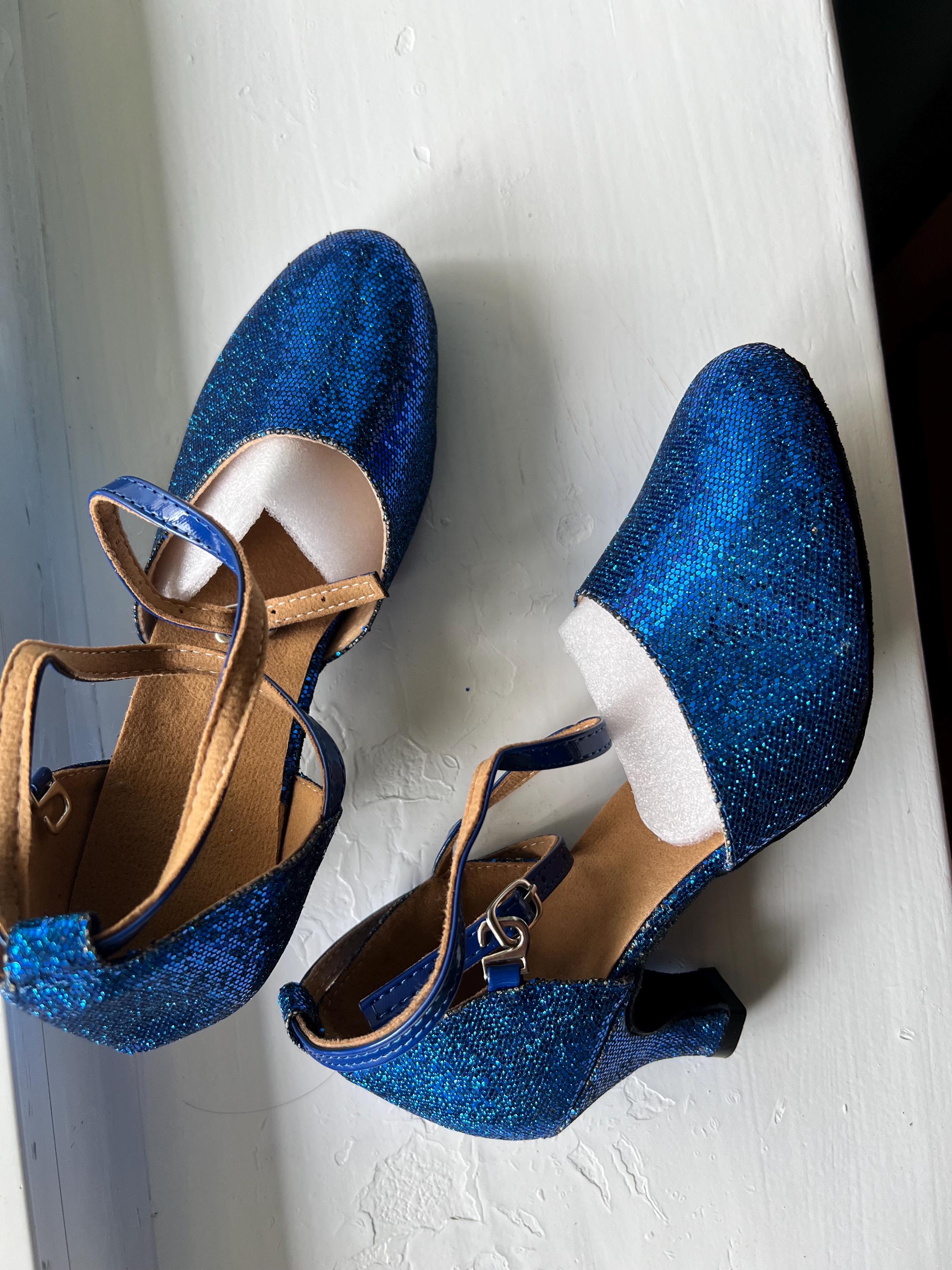 blue sparkly dress shoes Royal Glitter Ballroom Dance Shoes, Closed-toe Latin Salsa Heels glamorous statement