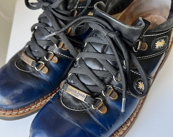 Vintage Michel Jordi Blue Leather Boots: Swiss Folk Floral Embroidery (EU 39)