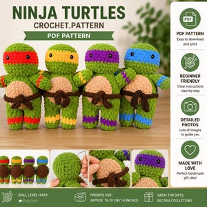 May include: Four crocheted ninja turtle dolls with green bodies and tan bellies, each wearing a different coloured mask and matching wrist and ankle bands in red, yellow, purple, and blue. The dolls feature dark brown belts and black eyes.