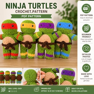 May include: Four crocheted ninja turtle dolls with green bodies and tan bellies, each wearing a different colored mask and matching wrist and ankle bands in red, yellow, purple, and blue. The dolls feature dark brown belts and black eyes.