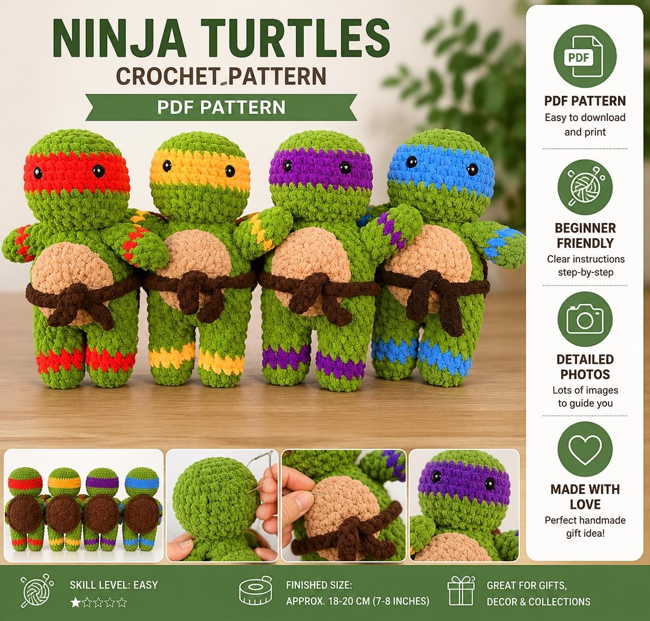 30 Ninja Turtle Crochet Patterns to Stitch for Fans, Gifts, and Playtime 8 4-Turtle Plush Bundle PDF