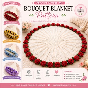 Forget Me Not Bouquet Blanket Crochet Pattern PDF, 6 in 1 Flower Bouquet Blanket Pattern, Crochet Flower Blanket, Beginner Friendly DIY Gift