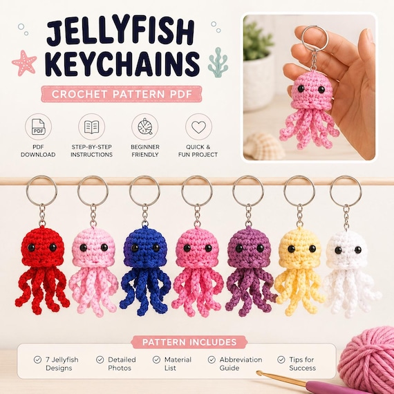 Jellyfish Keychain Crochet Pattern PDF, Amigurumi Jellyfish Keychain Tutorial, Cute Ocean Crochet Pattern, Instant Download