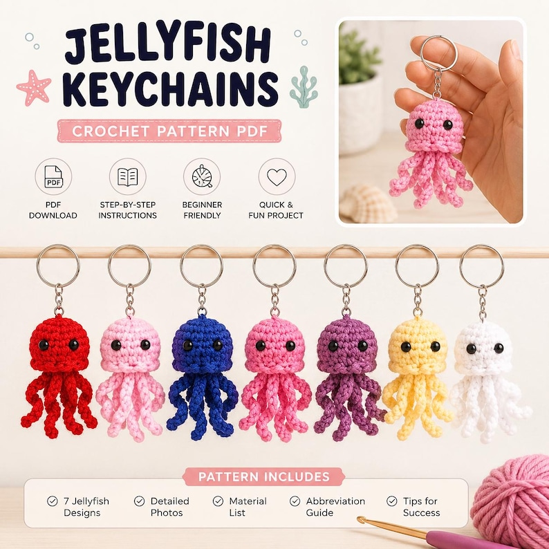 May include: A crochet pattern PDF for jellyfish keychains featuring seven colourful handmade jellyfish keychains in red, light pink, blue, dark pink, purple, yellow, and white, each with black eyes and dangling tentacles on a metal ring.