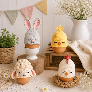 May include: Four crochet egg covers featuring animal designs: a grey rabbit with pink inner ears, a yellow chick, a cream-coloured sheep with textured wool, and a white hen with a red comb. Each cover is placed over a brown egg with embroidered eyes.