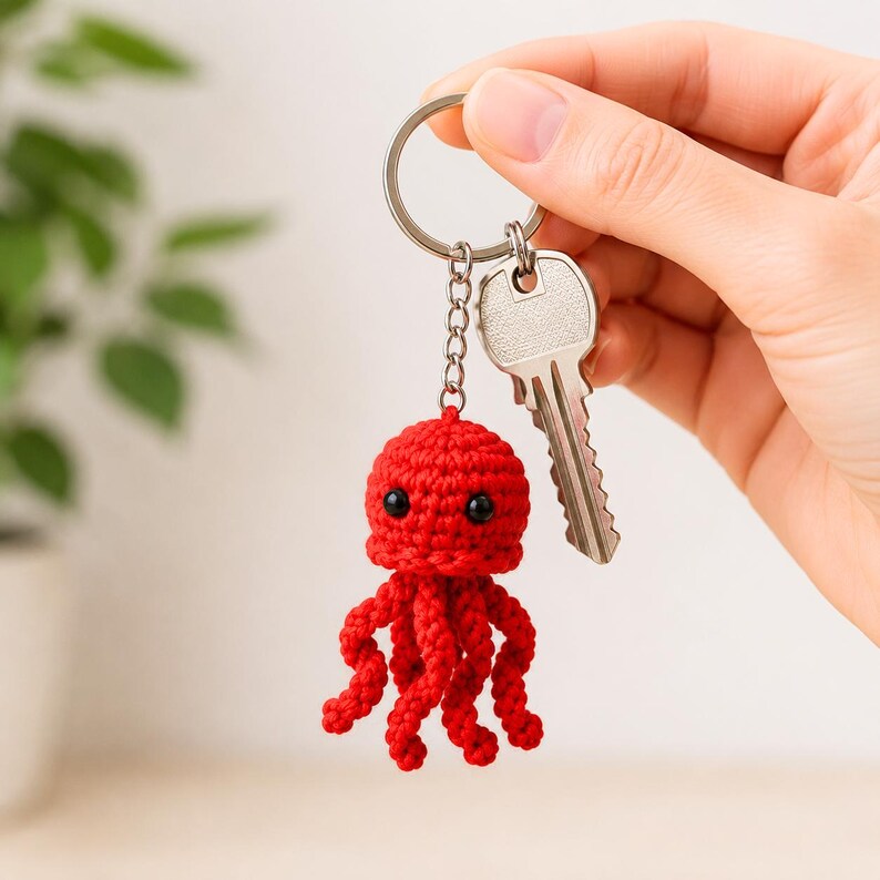 May include: A bright red crocheted octopus keyring featuring a round head with two small black bead eyes and eight dangling tentacles. The octopus is attached to a silver metal split ring and chain, which also holds a single silver house key.