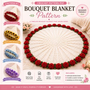 May include: A digital crochet pattern PDF for a circular cream-colored blanket featuring a border of red roses and green leaves. The document includes text for a bouquet blanket pattern, beginner friendly, and step-by-step photo guide instructions.