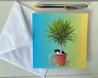 Carte de vœux représentant un chat endormi dans un pot de fleurs, créée à partir de photographies originales. Intérieur vierge.