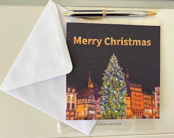 Carte de Noël féérique de Strasbourg, créée à partir de photographies originales, avec enveloppe gaufrée à la main.