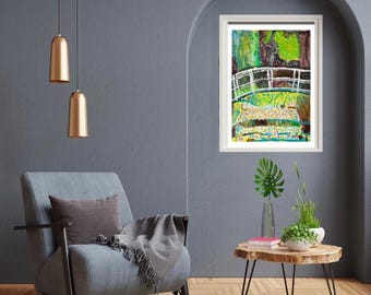 Monet reimagined Japanese bridge green wall decor A4 size