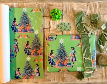Papier cadeau et étiquettes cadeaux de Noël rétro de luxe. Certifié FSC, 500 mm x 700 mm. 1 feuille + 2 étiquettes.
