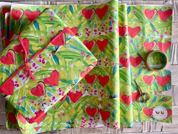 Painted Hearts Leaves Flowers Wrapping Paper, FSC Certified Uncoated 120gsm (500mm x 700mm)