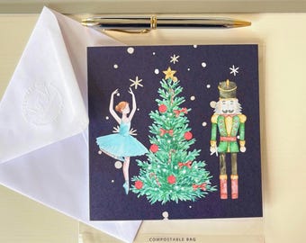 Carte de Noël écologique Casse-Noisette avec enveloppe gaufrée à la main. Intérieur vierge.