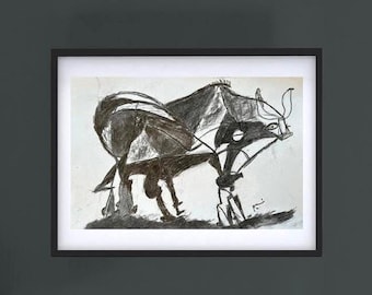Croquis d'un taureau, impression giclée d'art de qualité supérieure, format A4, pour décoration murale.