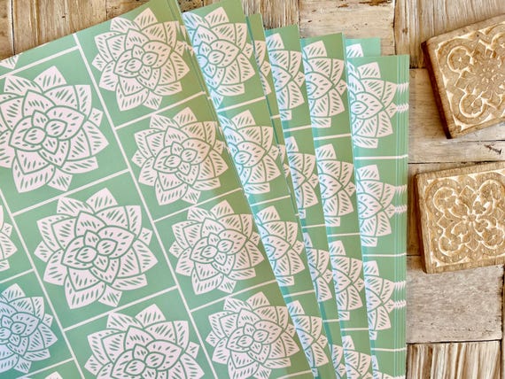 Mint greet geometric flowers wrapping paper. FSC certified, uncoated 120gsm, 500mm x 700mm.  4 sheet bundle