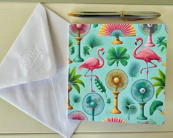 Carte de voeux éventails tropicaux et flamants roses - vierge à l'intérieur, 350 g certifié FSC