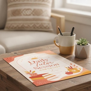 Può includere: Un foglio di carta rettangolare intitolato Daily Tutor Session Checklist con un'icona del sole, libri impilati, una pianta in vaso e l'illustrazione di una tazza. Il design presenta toni caldi arancioni, gialli e rossi con un arco.