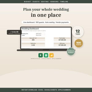 Op de afbeelding: Een digitaal dashboard voor het plannen van een bruiloft, weergegeven op een laptopscherm. De interface toont een countdown, budget en gastinformatie. Het ontwerp bevat de tekst "Plan je hele bruiloft op één plek" en pictogrammen voor Excel, Google Sheets.