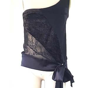 BEBE y2k シルク パッチワーク シアー ワンショルダー ブラック ブラウス、M