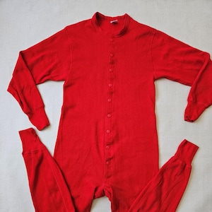 1990&#39;s J.E. MORGAN Red Thermal Long Johns, M - L Unisex, Arctex Fleece Lined One Piece, Made in USA, Vintage Soft Cotton Blend Underwear