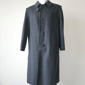Vintage Italian Mens Charcoal Gray Wool Overcoat, Henry Grethel Long Leather Button Coat Tailored