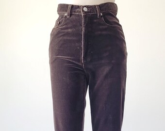1990s BANANA REPUBLIC Stretch Velvet Pants, Brown High Waist Slim Fit Trousers, 26in Waist, Made in USA, Cotton Lycra Size Xs Small